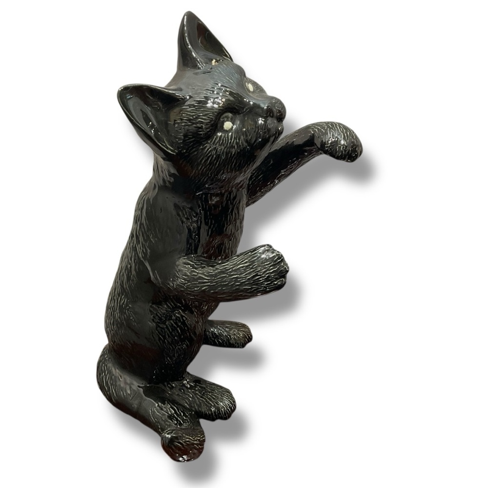 Vintage 80s Ceramic Cat Figurine Black Creepy Climbing Kitten Statue 11”‎